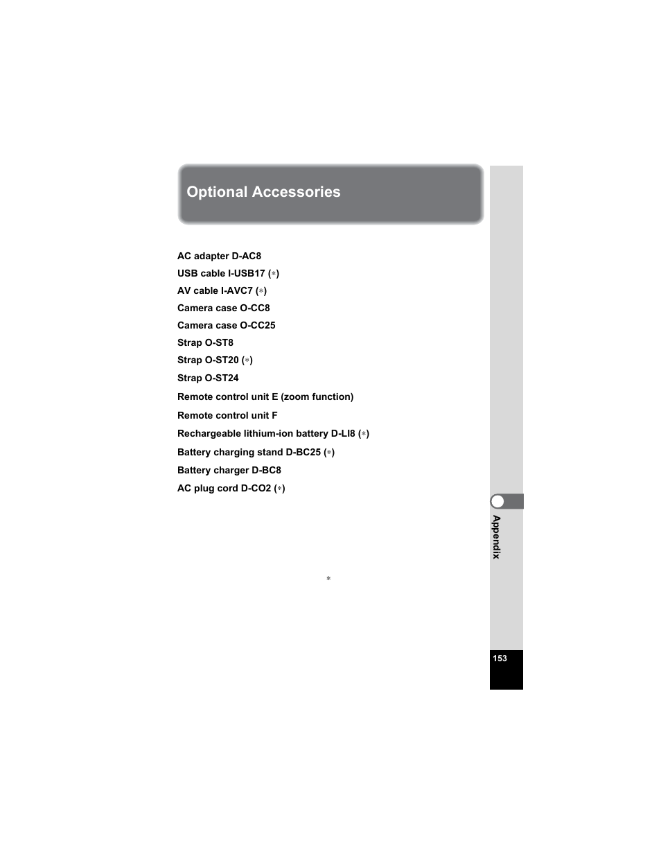 Optional accessories | Pentax Optio S5n User Manual | Page 155 / 171