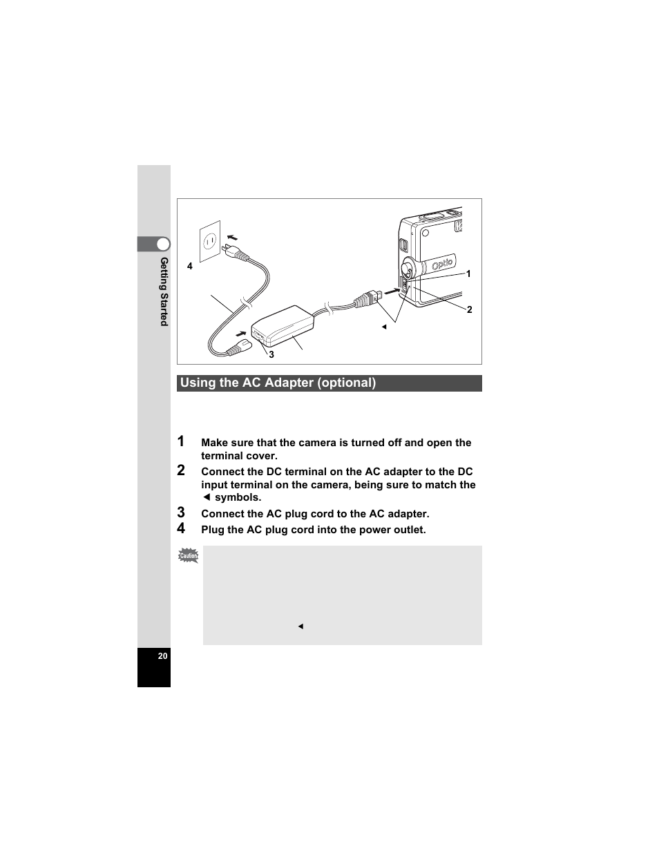 Using the ac adapter (optional) | Pentax Optio S5n User Manual | Page 22 / 171