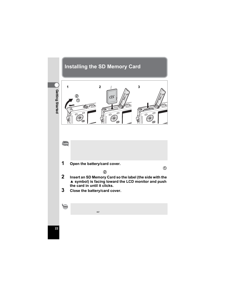 Installing the sd memory card | Pentax Optio S5n User Manual | Page 24 / 171