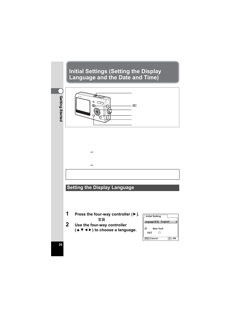 Setting the display language, Initial settings (setting the display language and, The date and time) | Pentax Optio S5n User Manual | Page 28 / 171