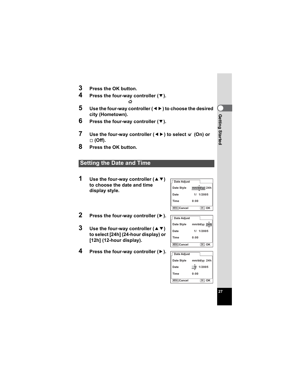 Setting the date and time, Ng the, Date and time | P.27 - 28 “setting the date and time | Pentax Optio S5n User Manual | Page 29 / 171