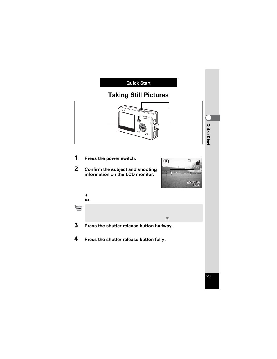 Quick start, Taking still pictures | Pentax Optio S5n User Manual | Page 31 / 171