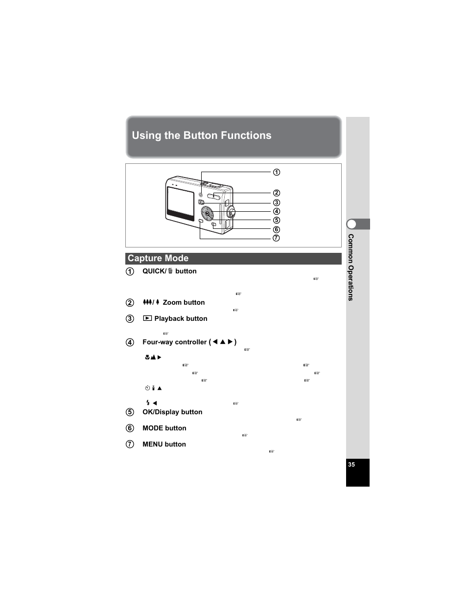 Using the button functions, Capture mode | Pentax Optio S5n User Manual | Page 37 / 171