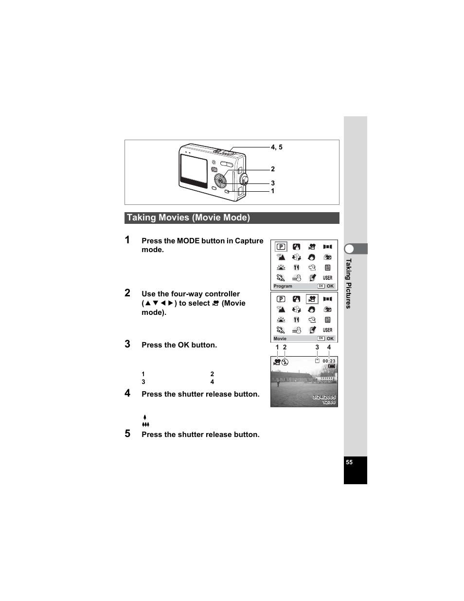 Taking movies (movie mode), P.55 | Pentax Optio S5n User Manual | Page 57 / 171