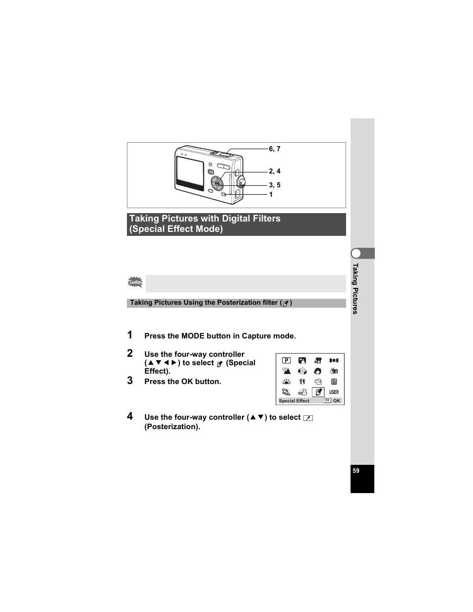 Taking pictures with digital filters, Special effect mode) | Pentax Optio S5n User Manual | Page 61 / 171