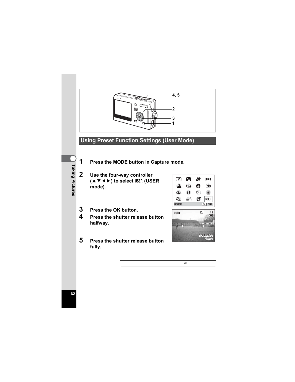 Using preset function settings (user mode) | Pentax Optio S5n User Manual | Page 64 / 171