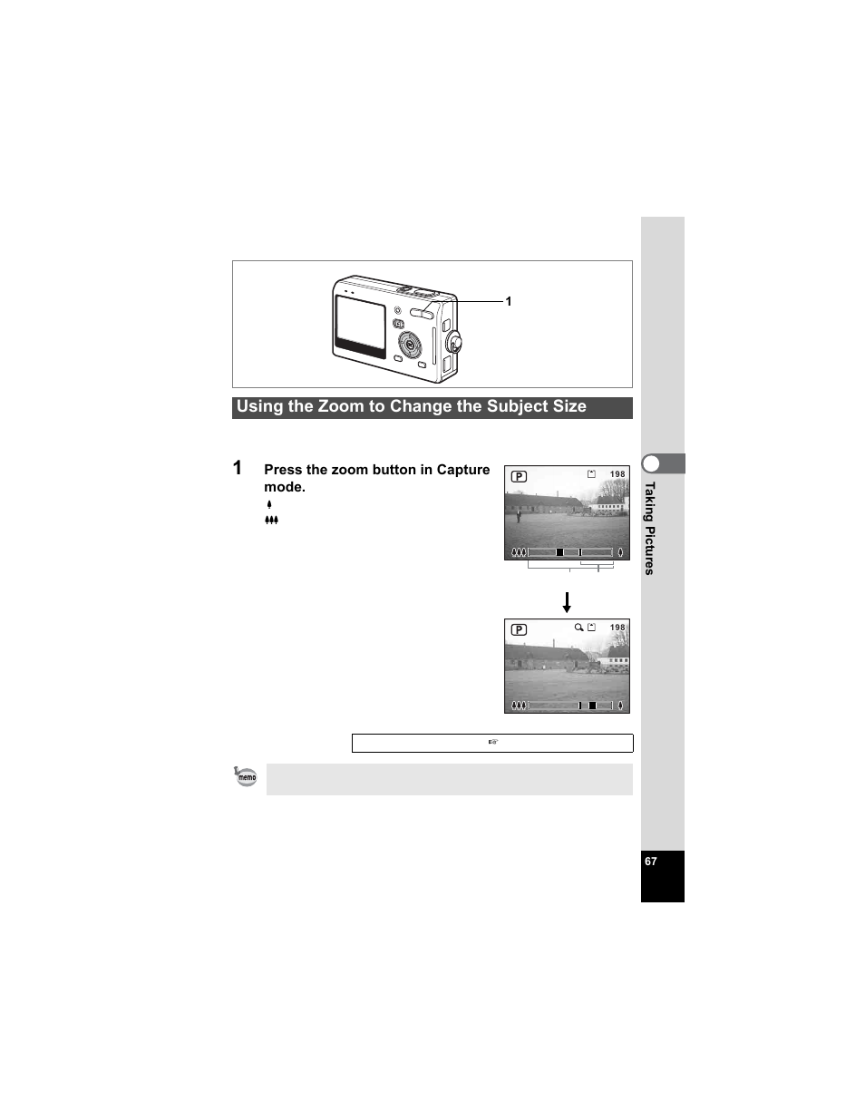 Using the zoom to change the subject size, P.67 | Pentax Optio S5n User Manual | Page 69 / 171