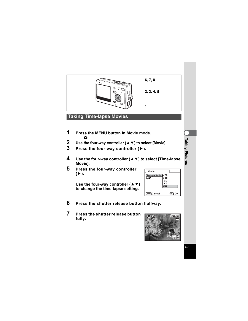 Taking time-lapse movies, P.69 | Pentax Optio S5n User Manual | Page 71 / 171