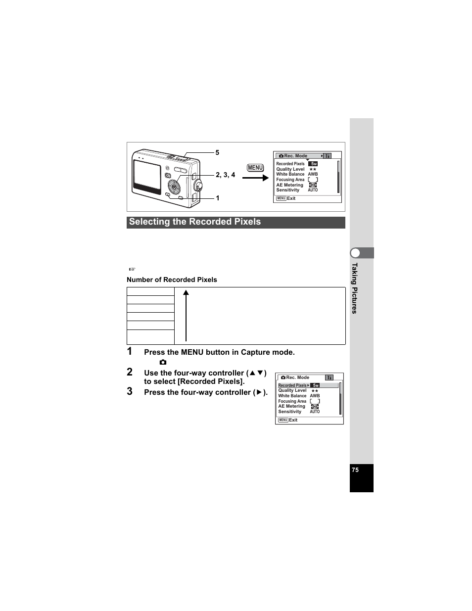 Selecting the recorded pixels, P.75 | Pentax Optio S5n User Manual | Page 77 / 171