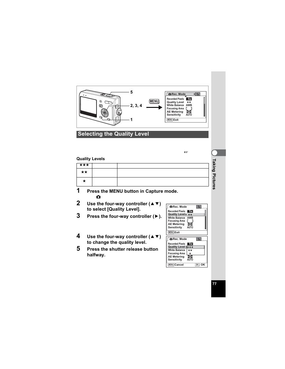 Selecting the quality level, P.77 | Pentax Optio S5n User Manual | Page 79 / 171