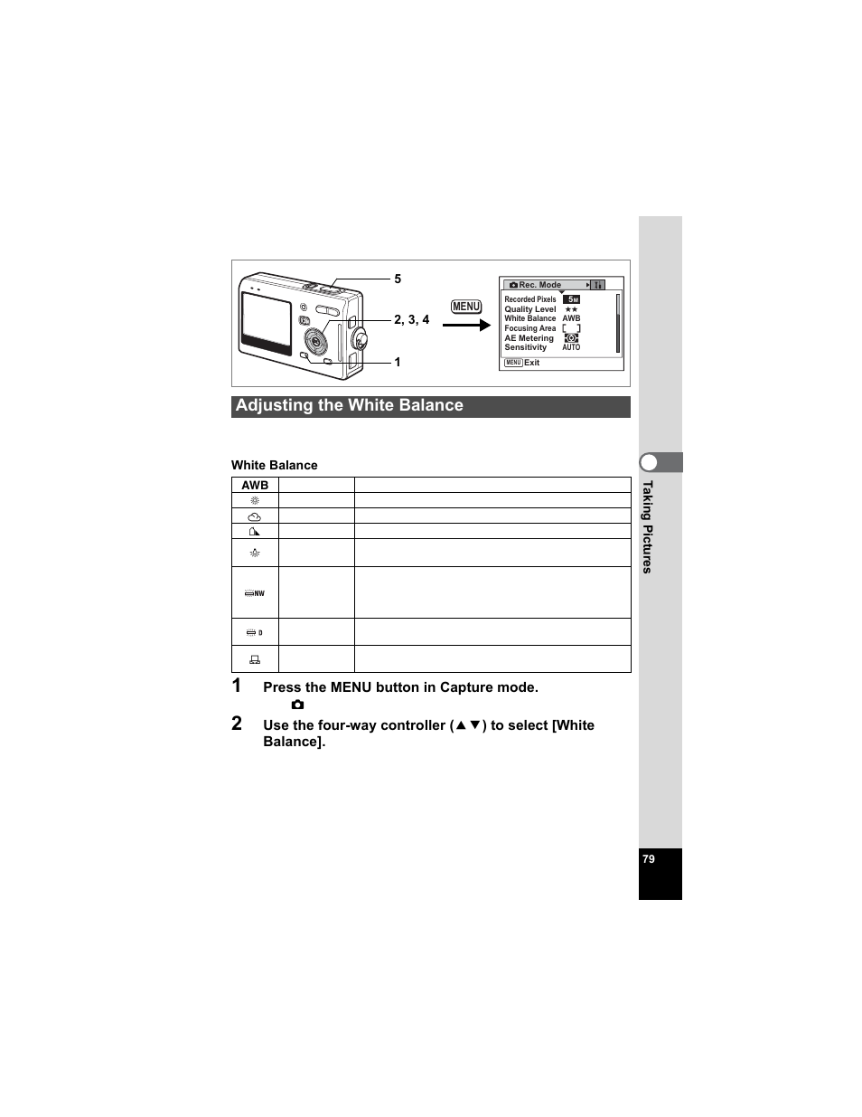 Adjusting the white balance, P.79 | Pentax Optio S5n User Manual | Page 81 / 171