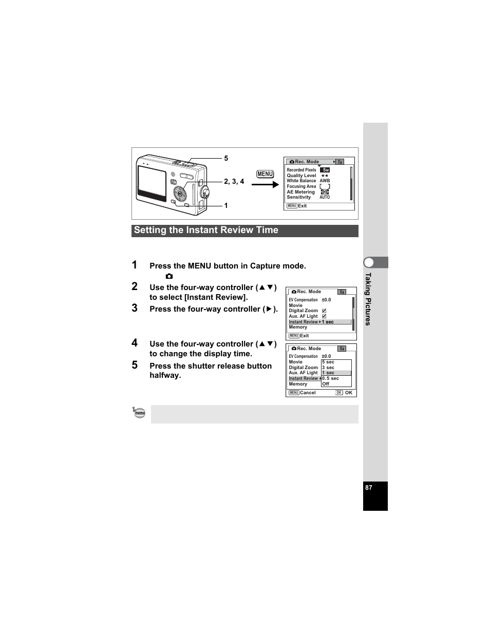 Setting the instant review time, P.87 | Pentax Optio S5n User Manual | Page 89 / 171