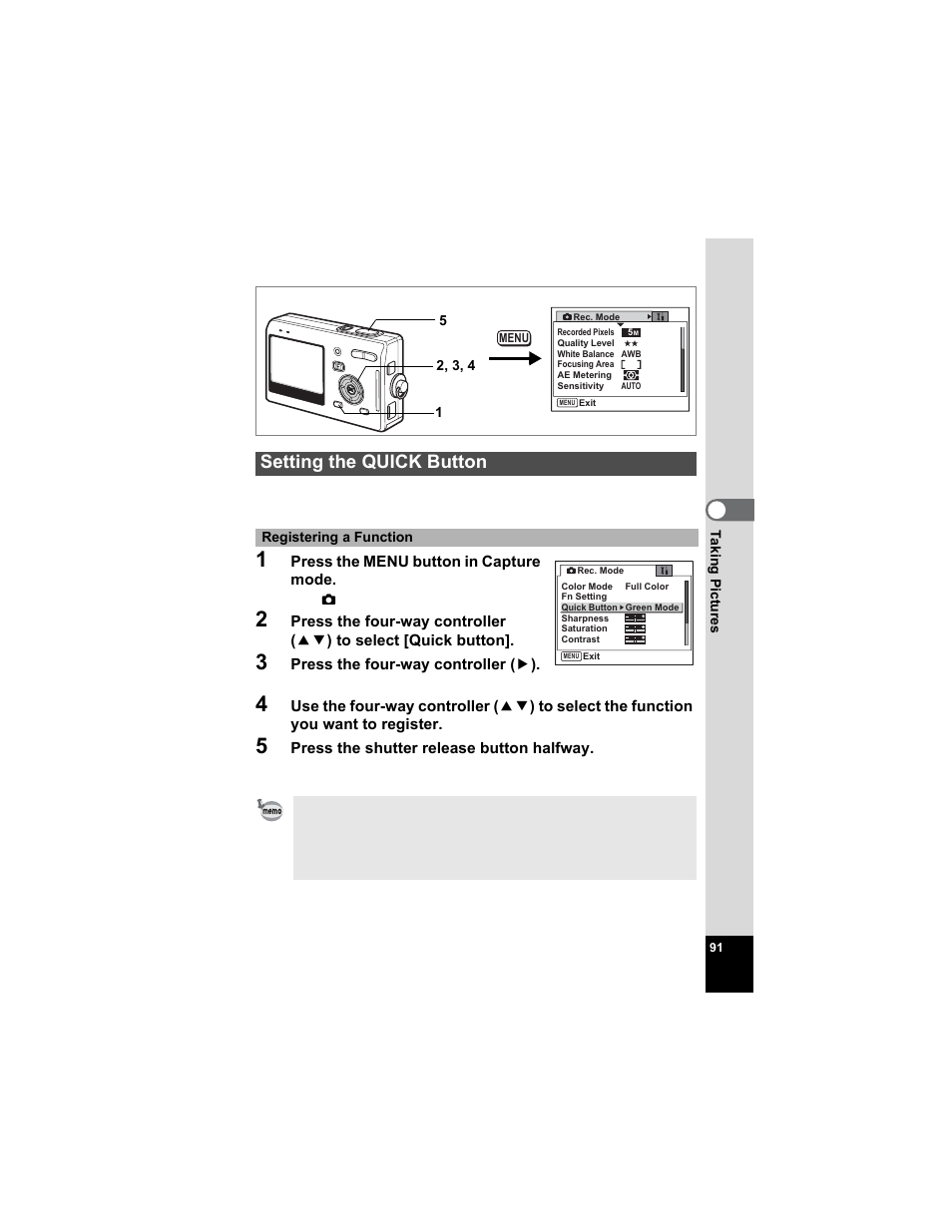 Setting the quick button, P.91), P.91 | Pentax Optio S5n User Manual | Page 93 / 171