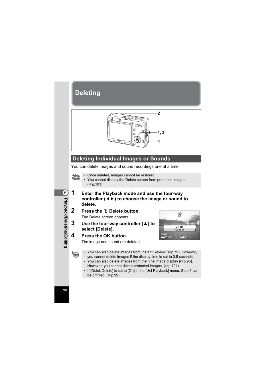 Deleting, Deleting individual images or sounds, 1p.98 | Pentax Model Optio S60 User Manual | Page 100 / 156