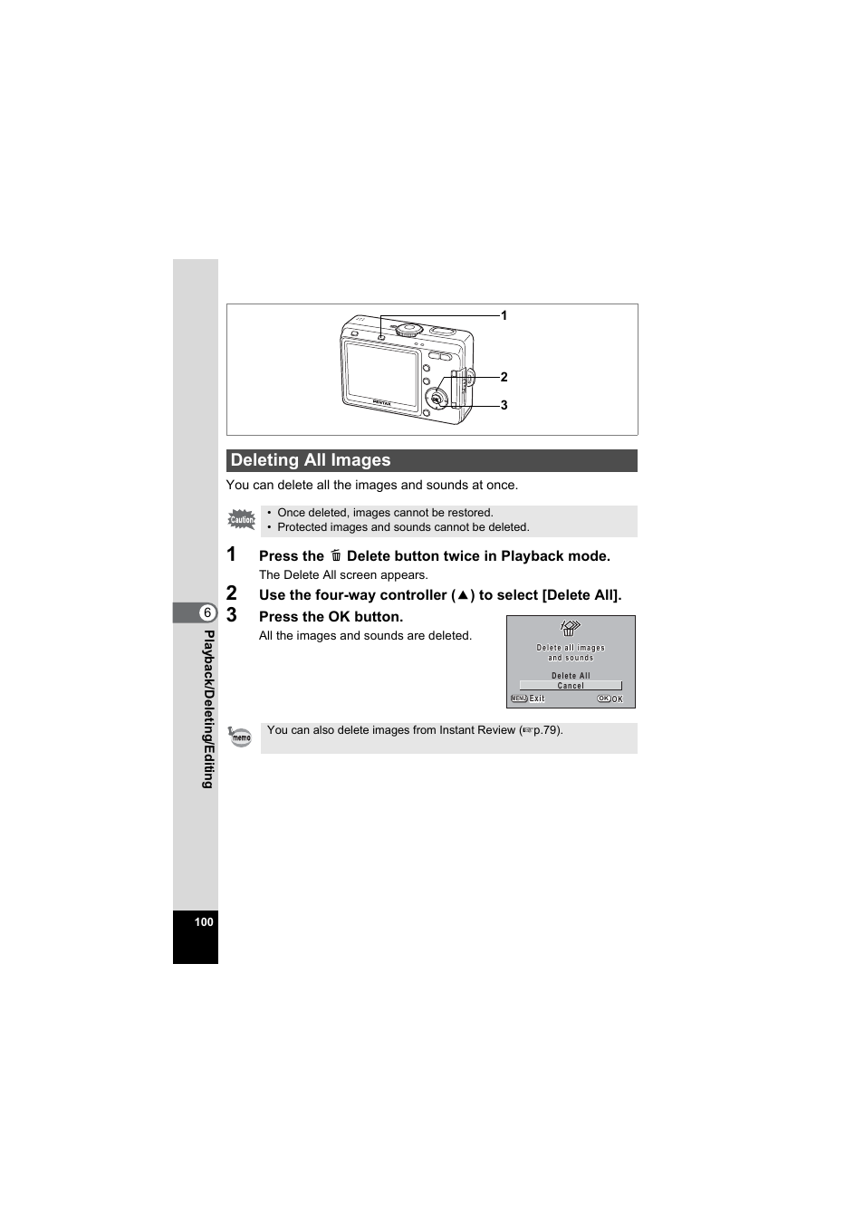 Deleting all images | Pentax Model Optio S60 User Manual | Page 102 / 156