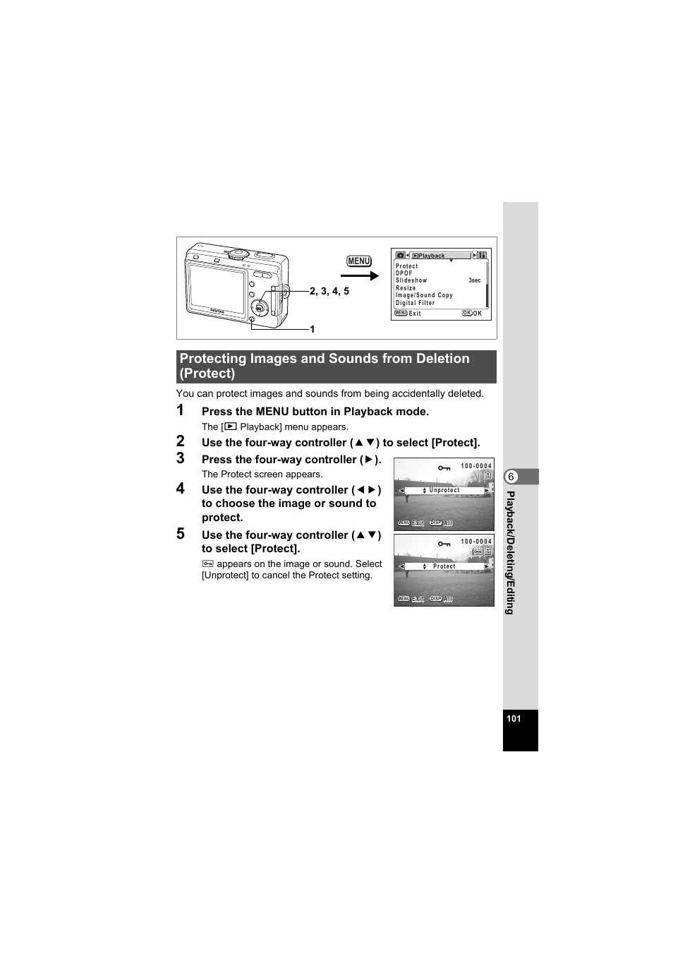 P.101, 1p.101), Press the menu button in playback mode | Press the four-way controller ( 5 ) | Pentax Model Optio S60 User Manual | Page 103 / 156
