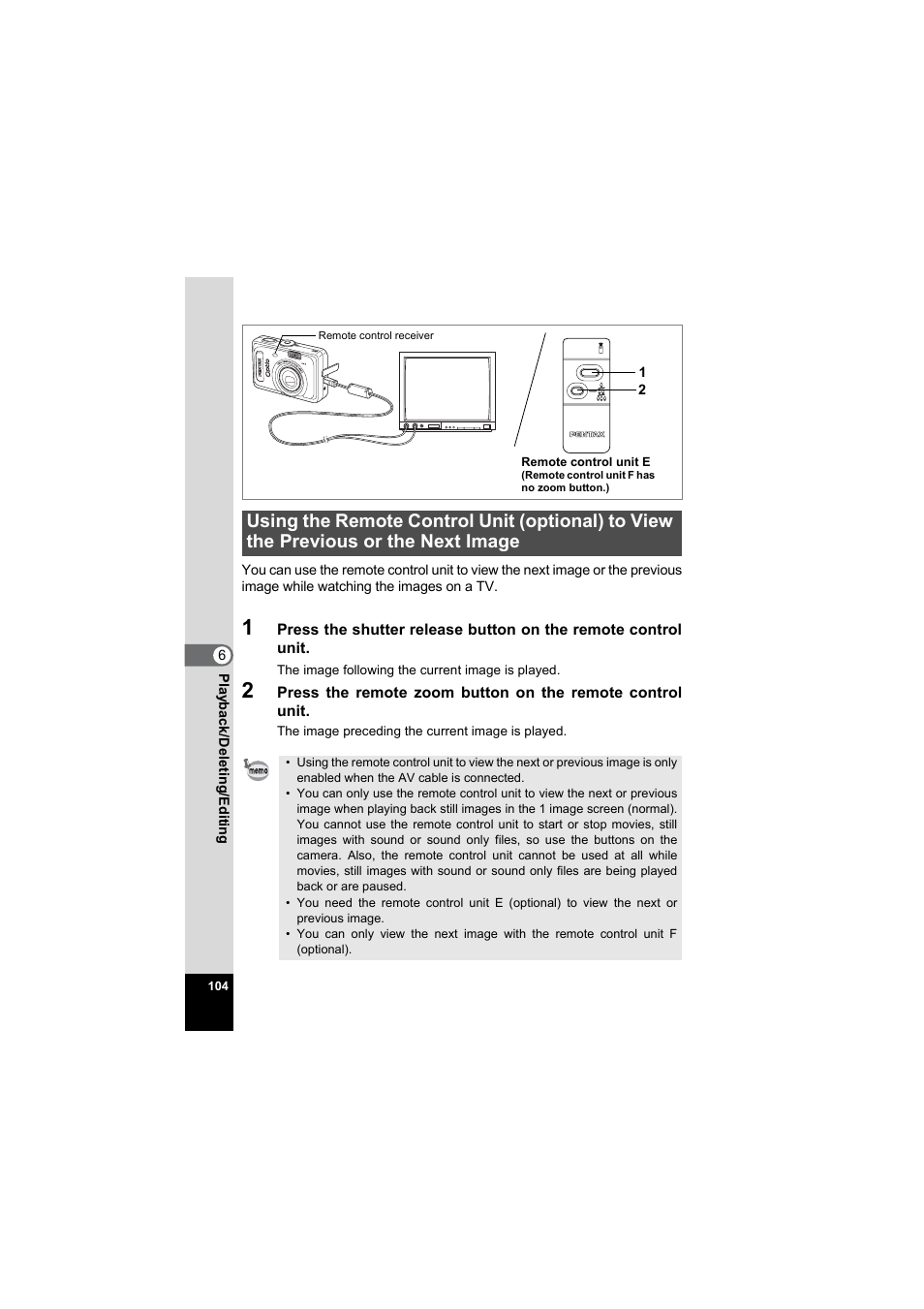 Using the remote control unit (optional) to view, The previous or the next image | Pentax Model Optio S60 User Manual | Page 106 / 156