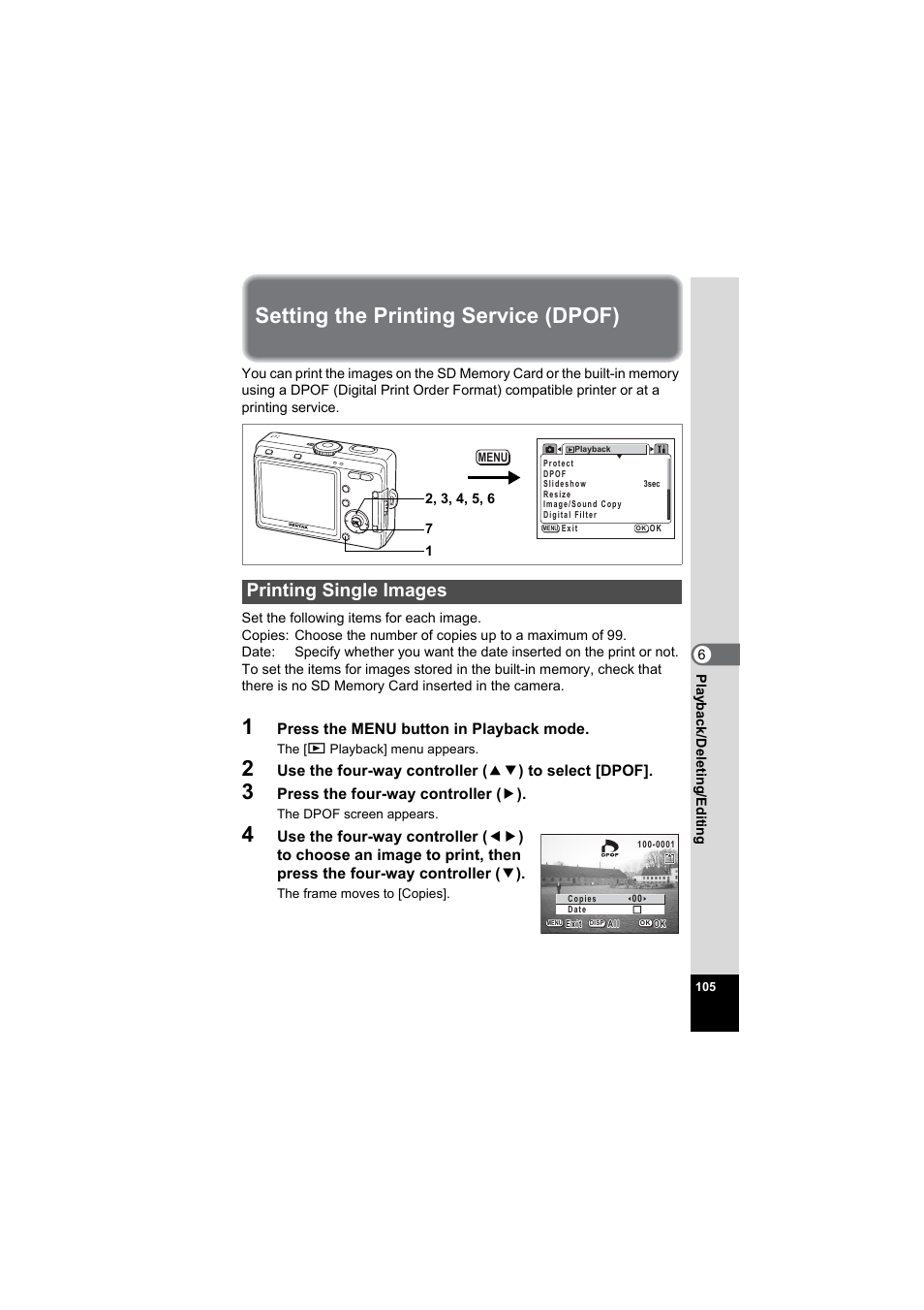 Setting the printing service (dpof), Printing single images | Pentax Model Optio S60 User Manual | Page 107 / 156