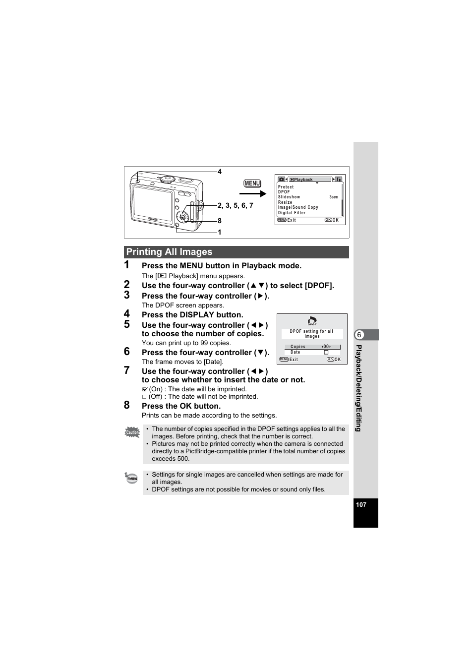 Printing all images, P.107 | Pentax Model Optio S60 User Manual | Page 109 / 156