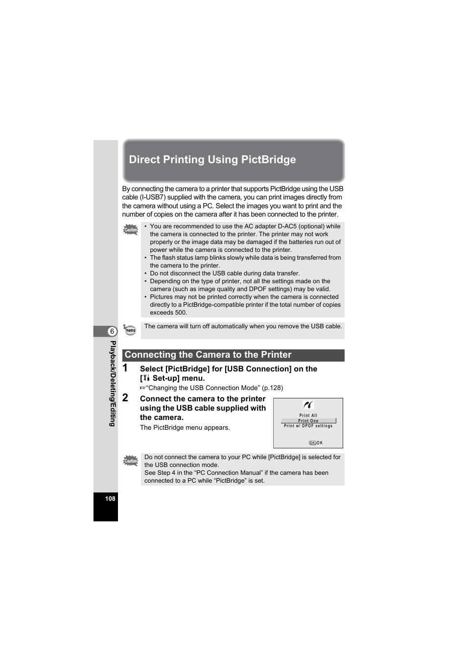 Direct printing using pictbridge, Connecting the camera to the printer | Pentax Model Optio S60 User Manual | Page 110 / 156