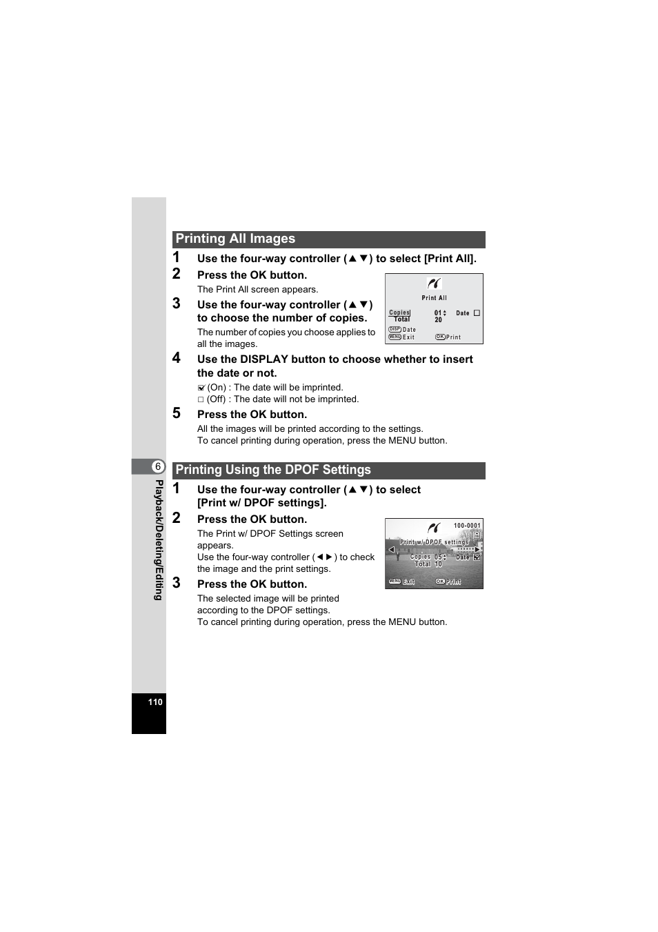 Printing all images, Printing using the dpof settings, P.110 | Pentax Model Optio S60 User Manual | Page 112 / 156