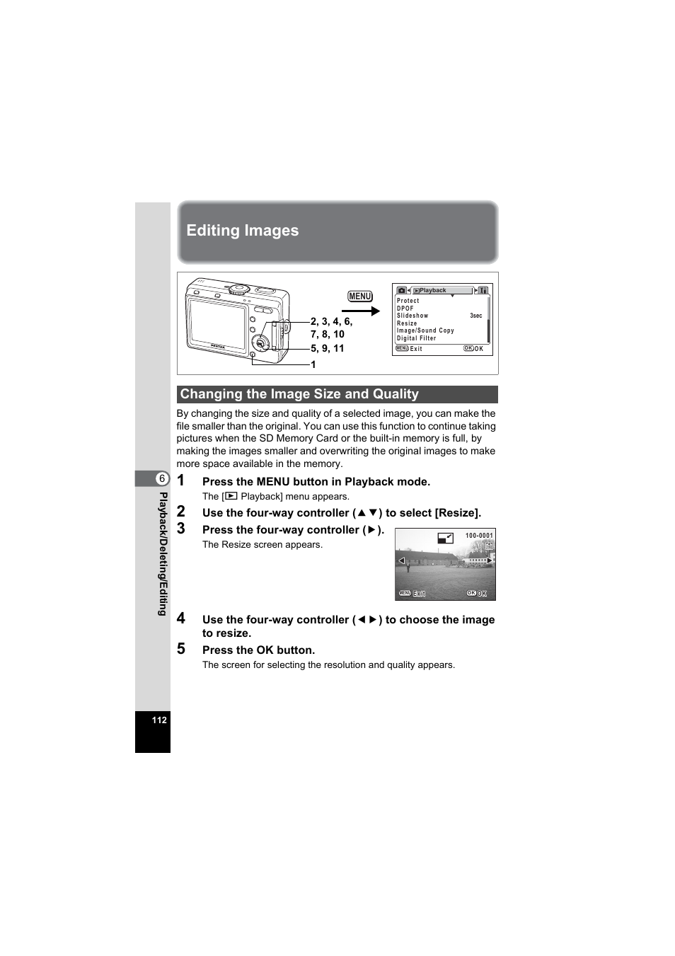 Editing images, Changing the image size and quality, P.112 | Pentax Model Optio S60 User Manual | Page 114 / 156