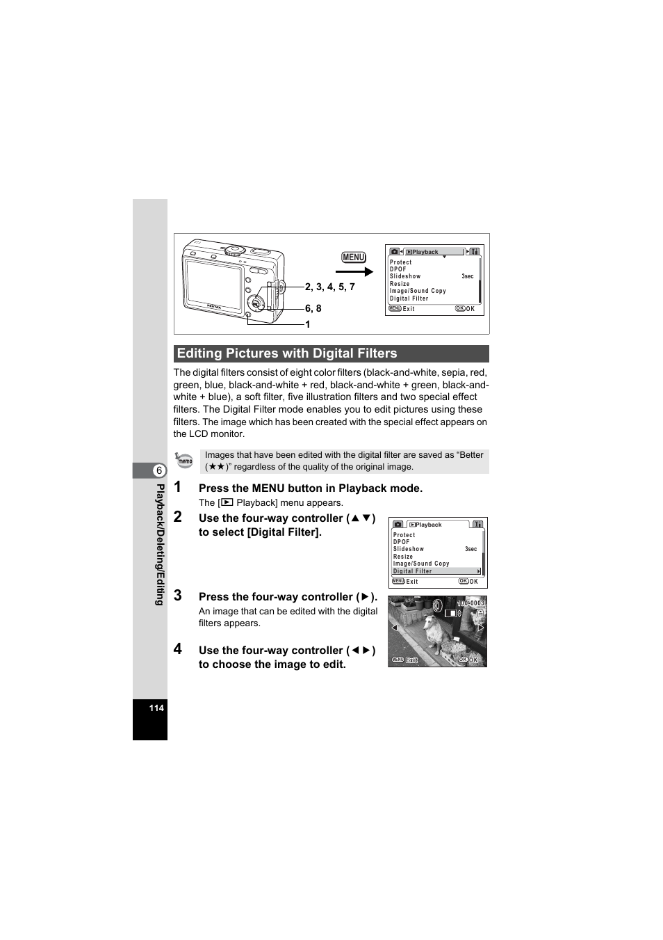 Editing pictures with digital filters, P.114, Press the menu button in playback mode | Press the four-way controller ( 5 ) | Pentax Model Optio S60 User Manual | Page 116 / 156