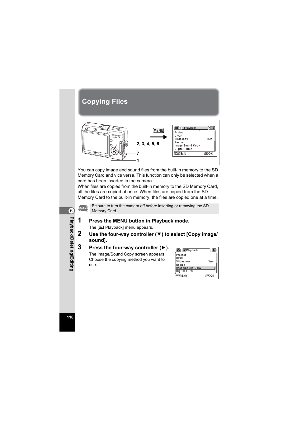 Copying files, P.116 | Pentax Model Optio S60 User Manual | Page 118 / 156