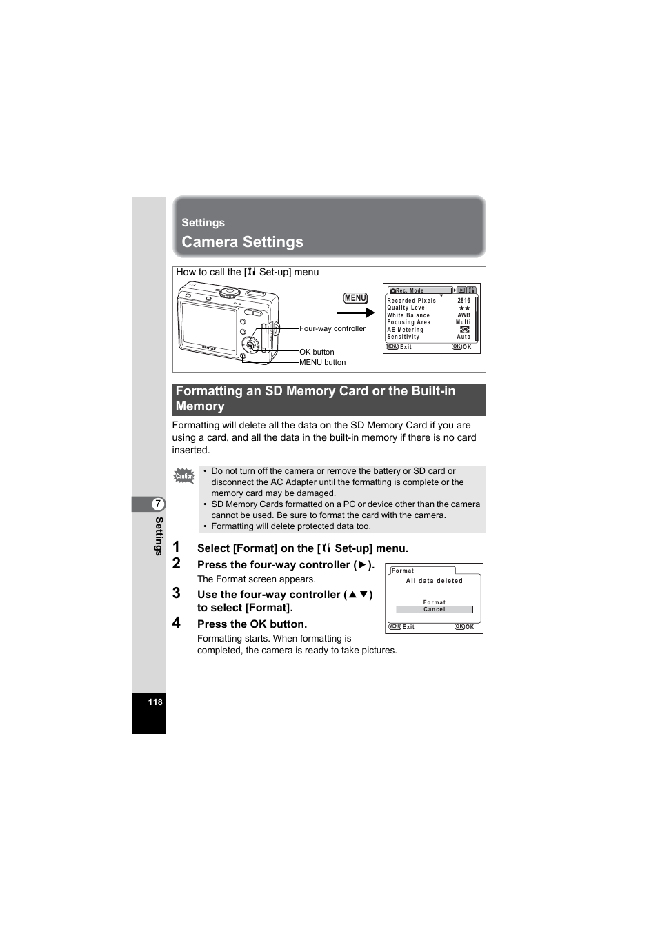 Settings, Camera settings, 7 settings | Nd “camera settings” (p.118 to 13, D “camera settings” (p.118, P.118 | Pentax Model Optio S60 User Manual | Page 120 / 156