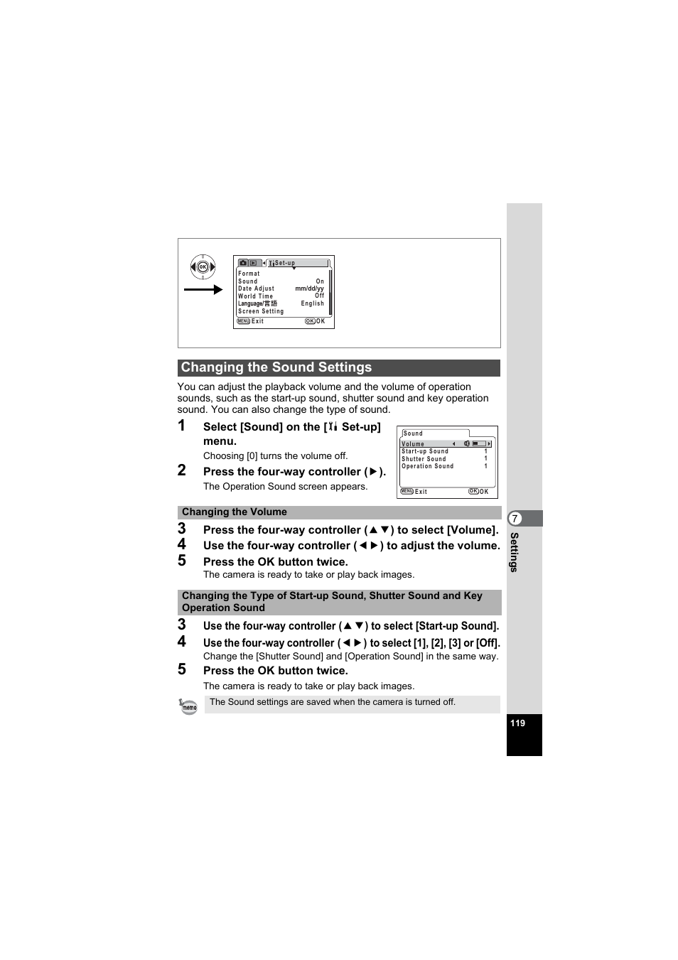 Changing the sound settings, P.119 | Pentax Model Optio S60 User Manual | Page 121 / 156