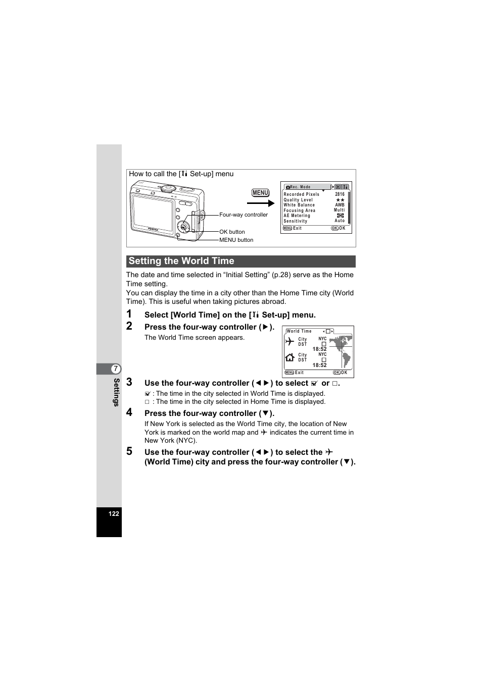 Setting the world time, P.122 | Pentax Model Optio S60 User Manual | Page 124 / 156