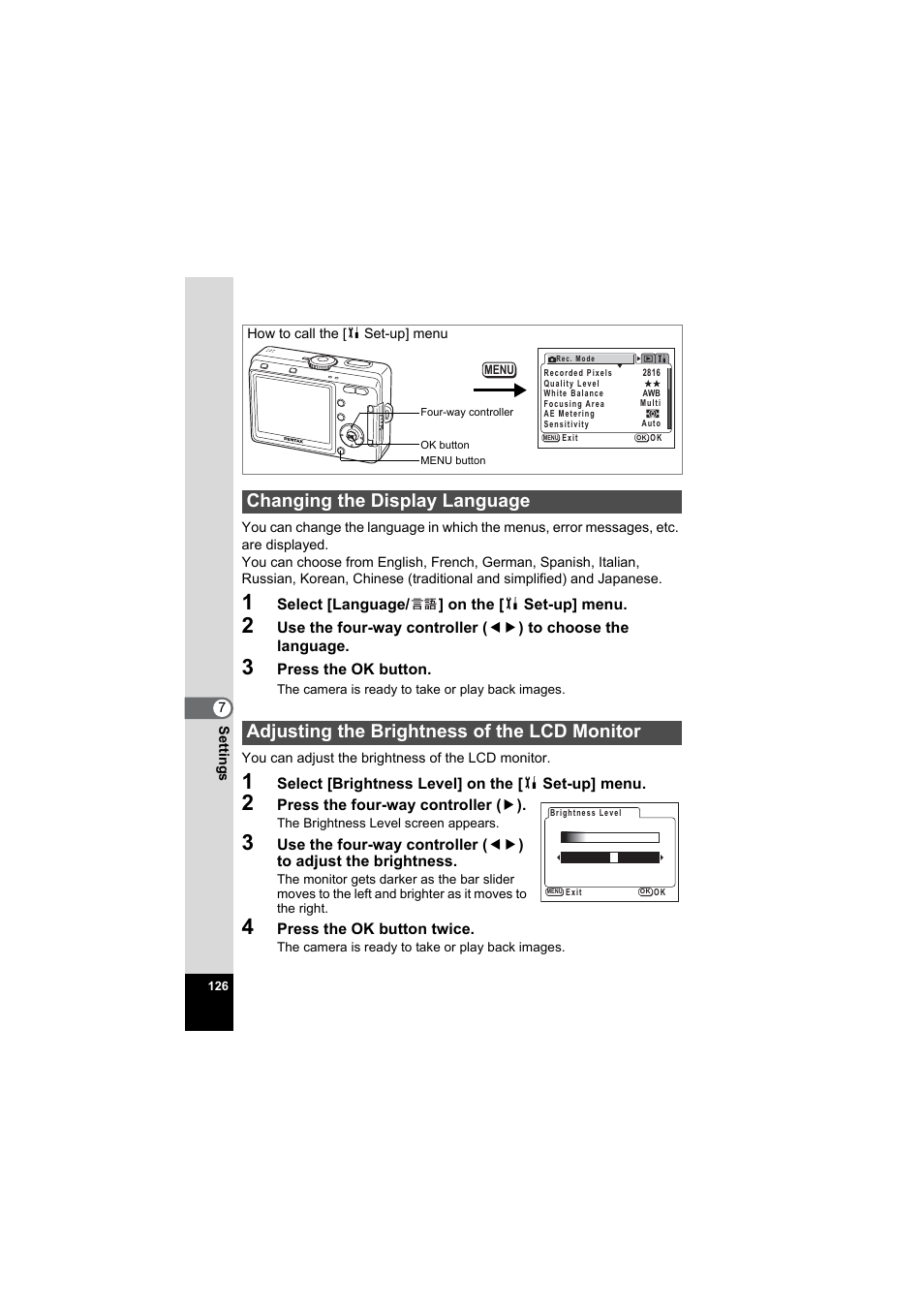 Changing the display language, Adjusting the brightness of the lcd monitor, P.126 | Pentax Model Optio S60 User Manual | Page 128 / 156