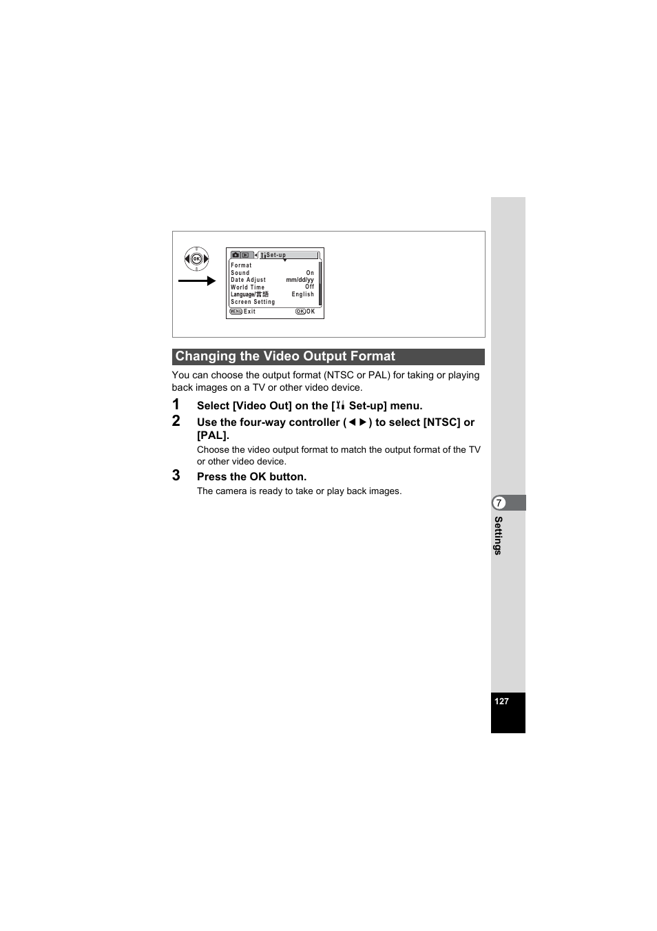 Changing the video output format, P.127 | Pentax Model Optio S60 User Manual | Page 129 / 156