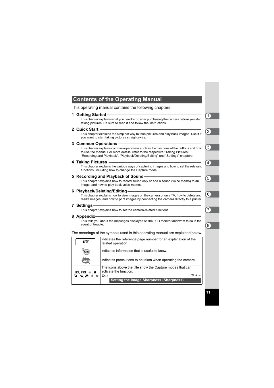 Contents of the operating manual | Pentax Model Optio S60 User Manual | Page 13 / 156