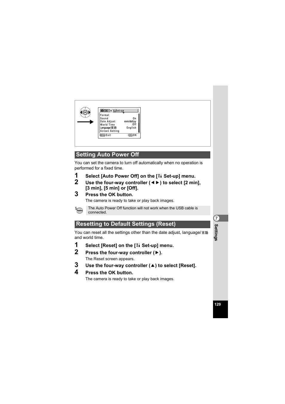 Setting auto power off, Resetting to default settings (reset), P.129 | Pentax Model Optio S60 User Manual | Page 131 / 156