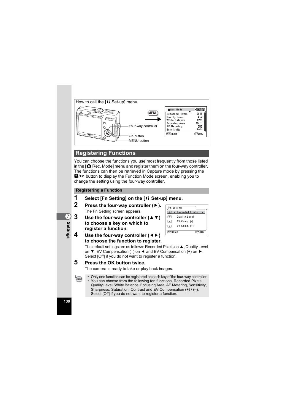 Registering functions, 1p.130, P.130 | Pentax Model Optio S60 User Manual | Page 132 / 156