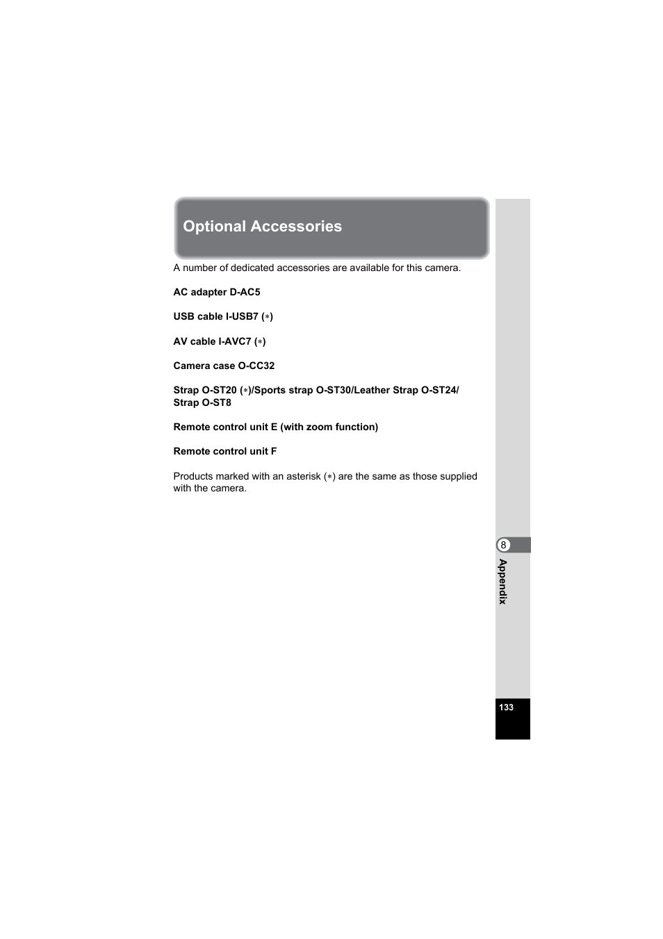 Optional accessories | Pentax Model Optio S60 User Manual | Page 135 / 156
