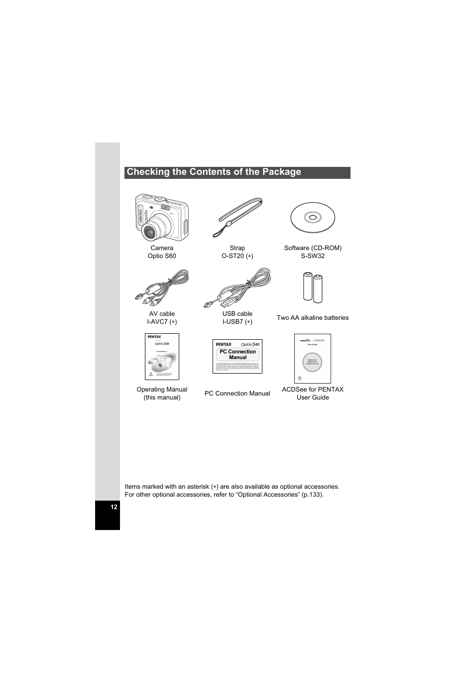 Checking the contents of the package | Pentax Model Optio S60 User Manual | Page 14 / 156