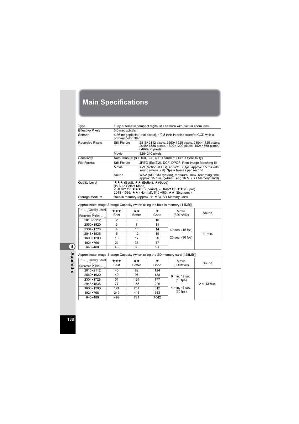 Main specifications, 8app endi x | Pentax Model Optio S60 User Manual | Page 140 / 156