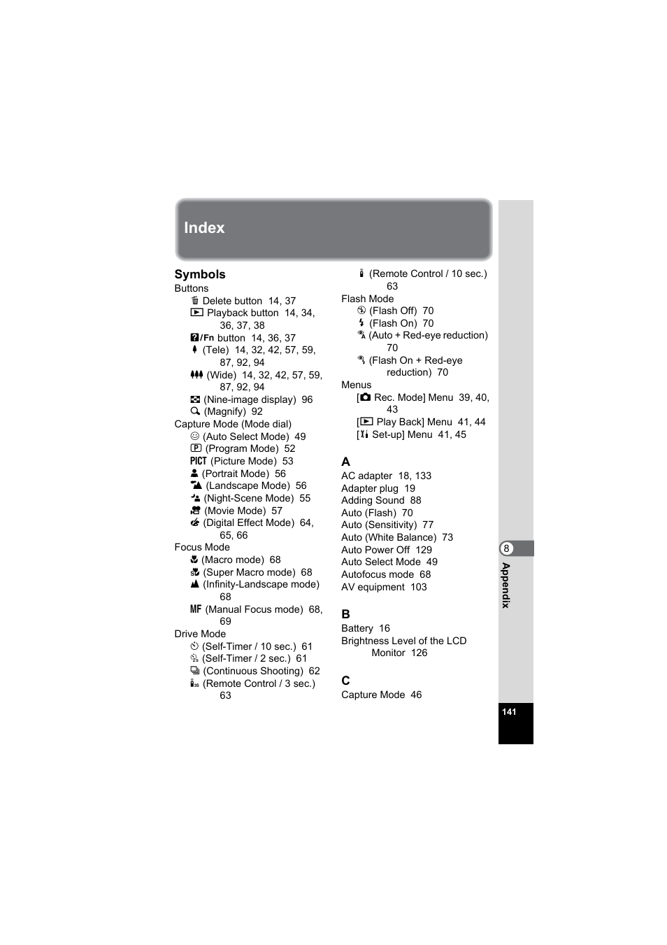 Index | Pentax Model Optio S60 User Manual | Page 143 / 156