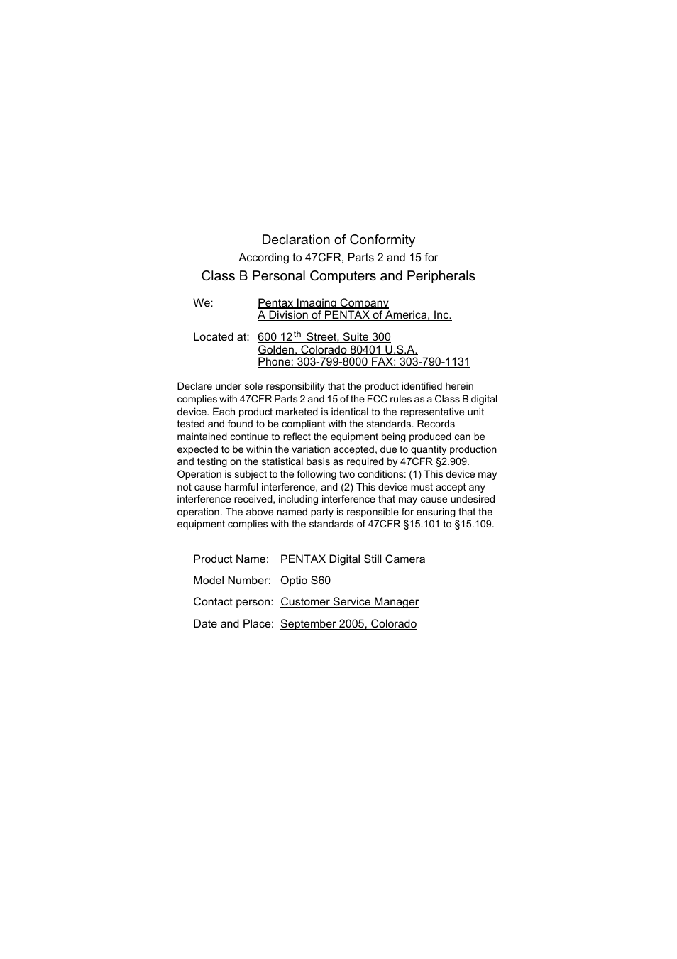 Declaration of conformity, Class b personal computers and peripherals | Pentax Model Optio S60 User Manual | Page 151 / 156