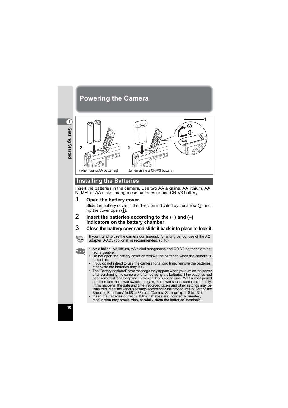 Powering the camera, Installing the batteries | Pentax Model Optio S60 User Manual | Page 18 / 156