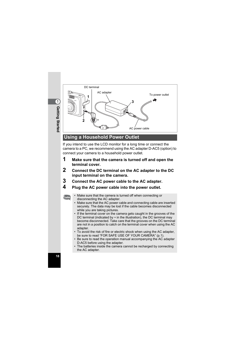 Using a household power outlet, P.18) | Pentax Model Optio S60 User Manual | Page 20 / 156