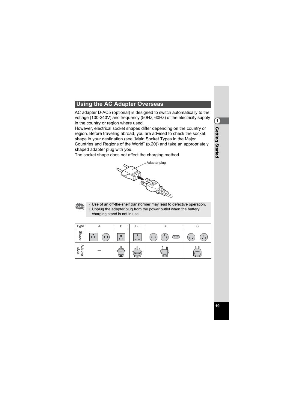 Using the ac adapter overseas | Pentax Model Optio S60 User Manual | Page 21 / 156