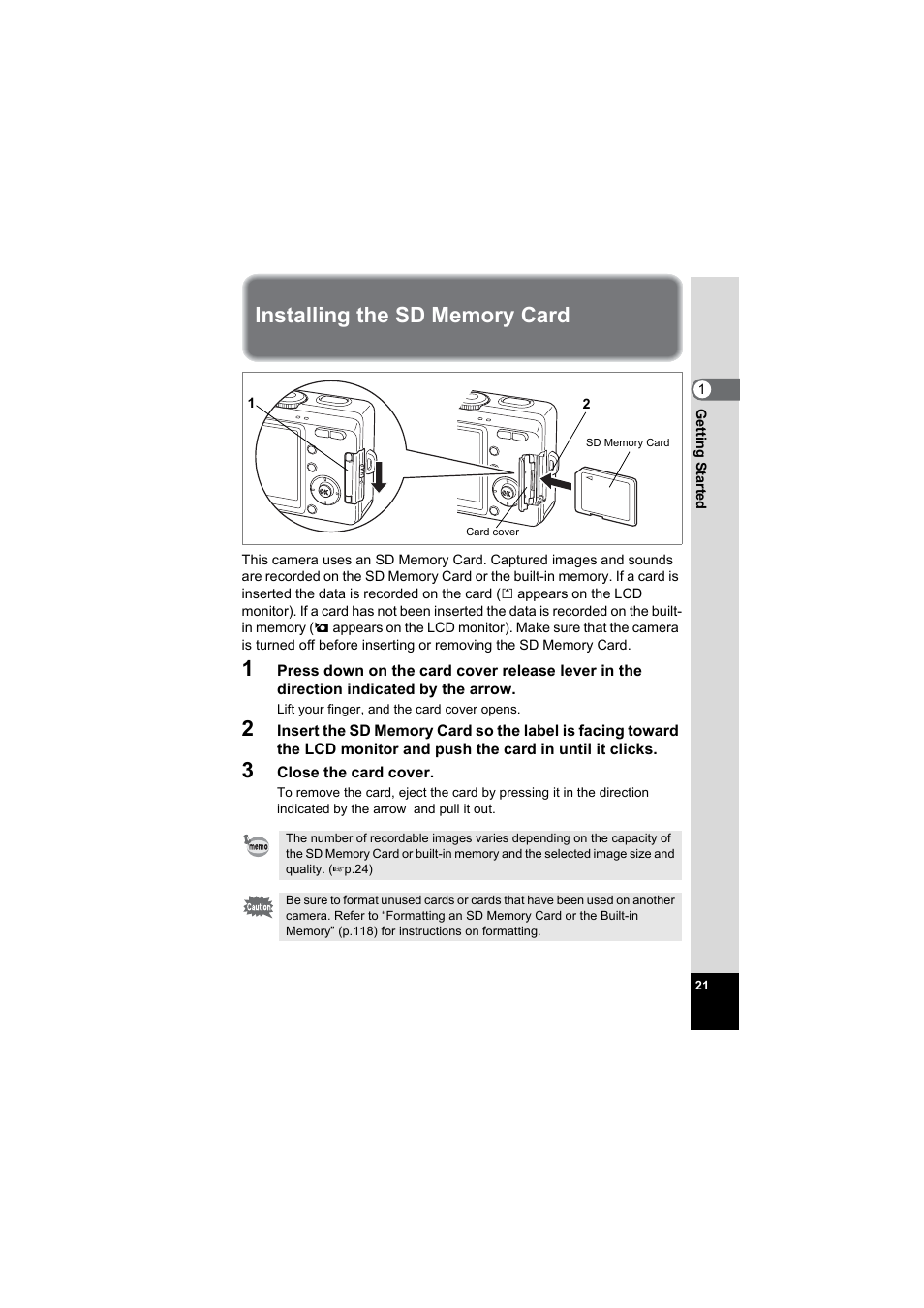 Installing the sd memory card | Pentax Model Optio S60 User Manual | Page 23 / 156