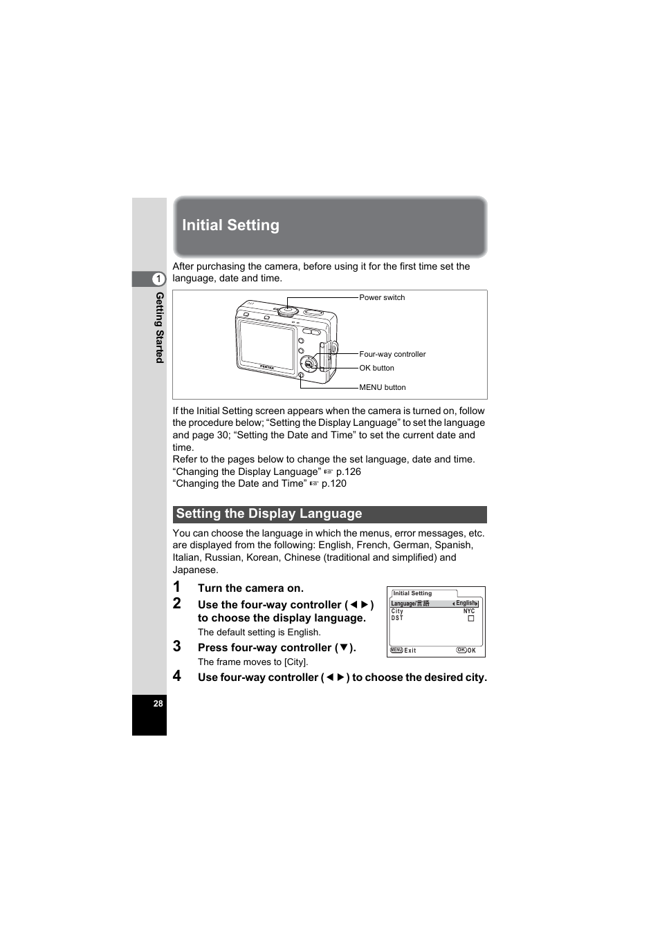 Initial setting, Setting the display language | Pentax Model Optio S60 User Manual | Page 30 / 156