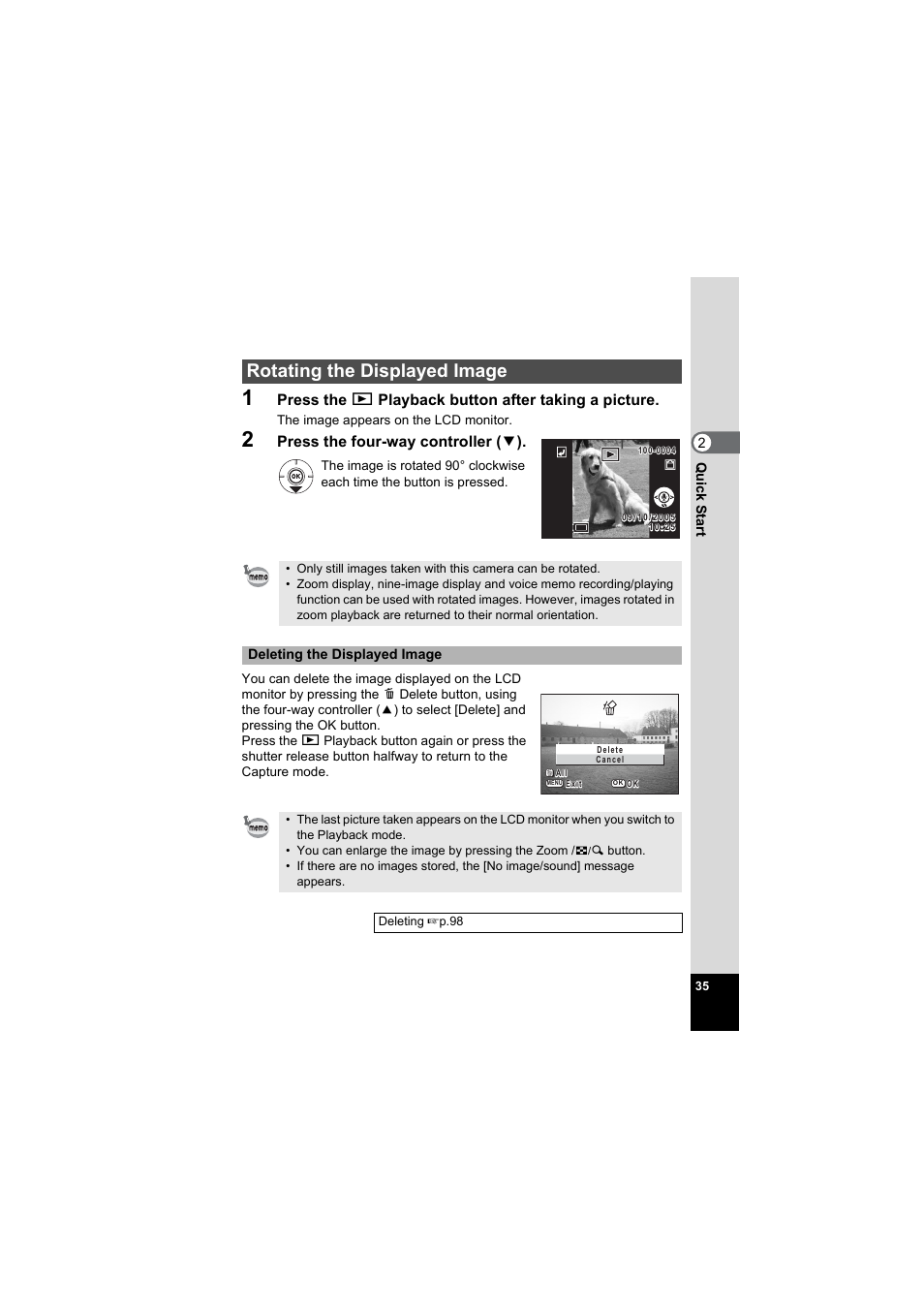 Rotating the displayed image, Press the q playback button after taking a picture, Press the four-way controller ( 3 ) | Pentax Model Optio S60 User Manual | Page 37 / 156