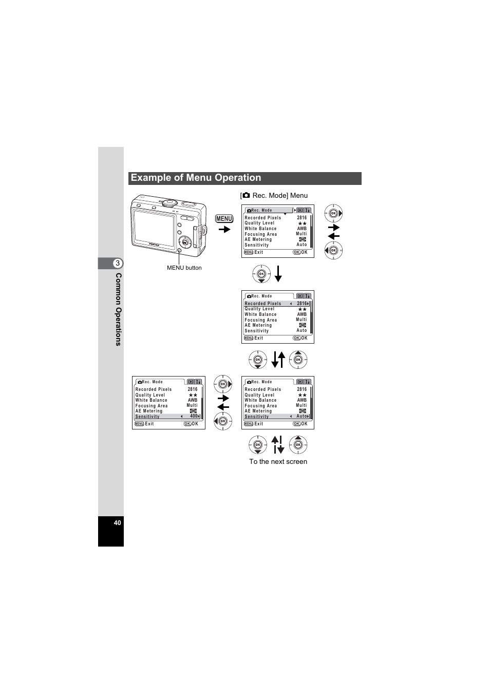 Example of menu operation, Co mmo n oper atio ns 3, Menu | Pentax Model Optio S60 User Manual | Page 42 / 156