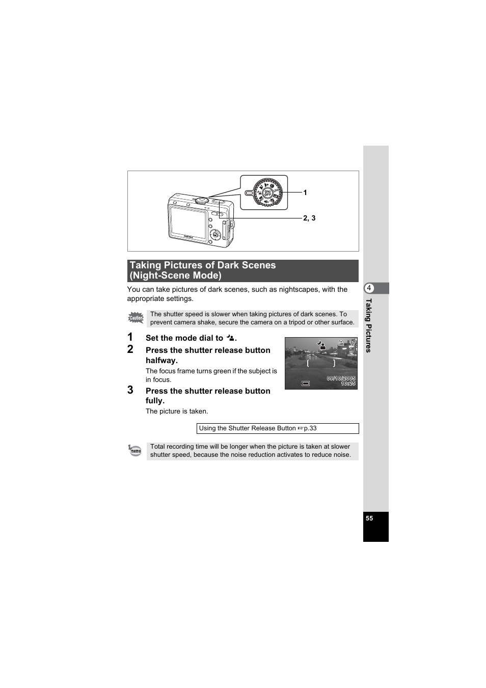 Taking pictures of dark scenes (night-scene mode), P.55 | Pentax Model Optio S60 User Manual | Page 57 / 156