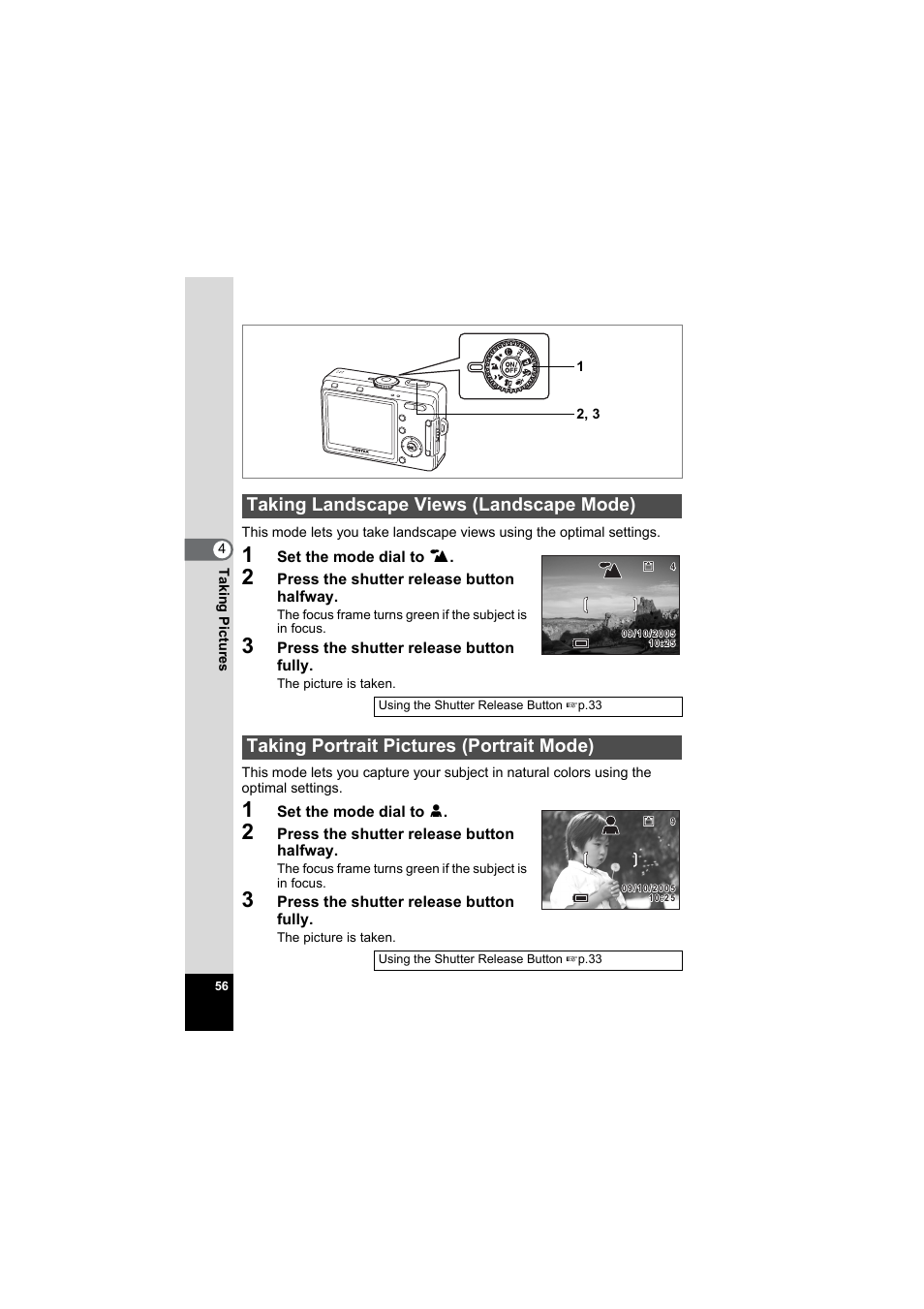 Taking landscape views (landscape mode), Taking portrait pictures (portrait mode), P.56 | Pentax Model Optio S60 User Manual | Page 58 / 156